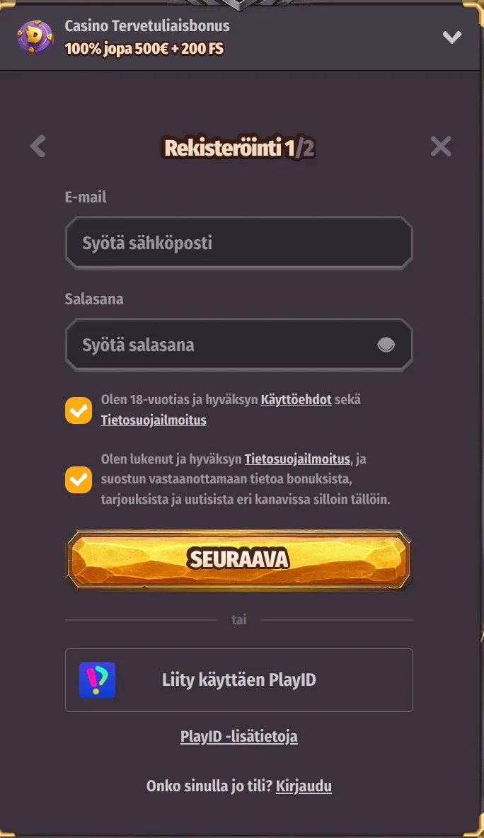 Rekisteröintilomake Dragonia kasinolla